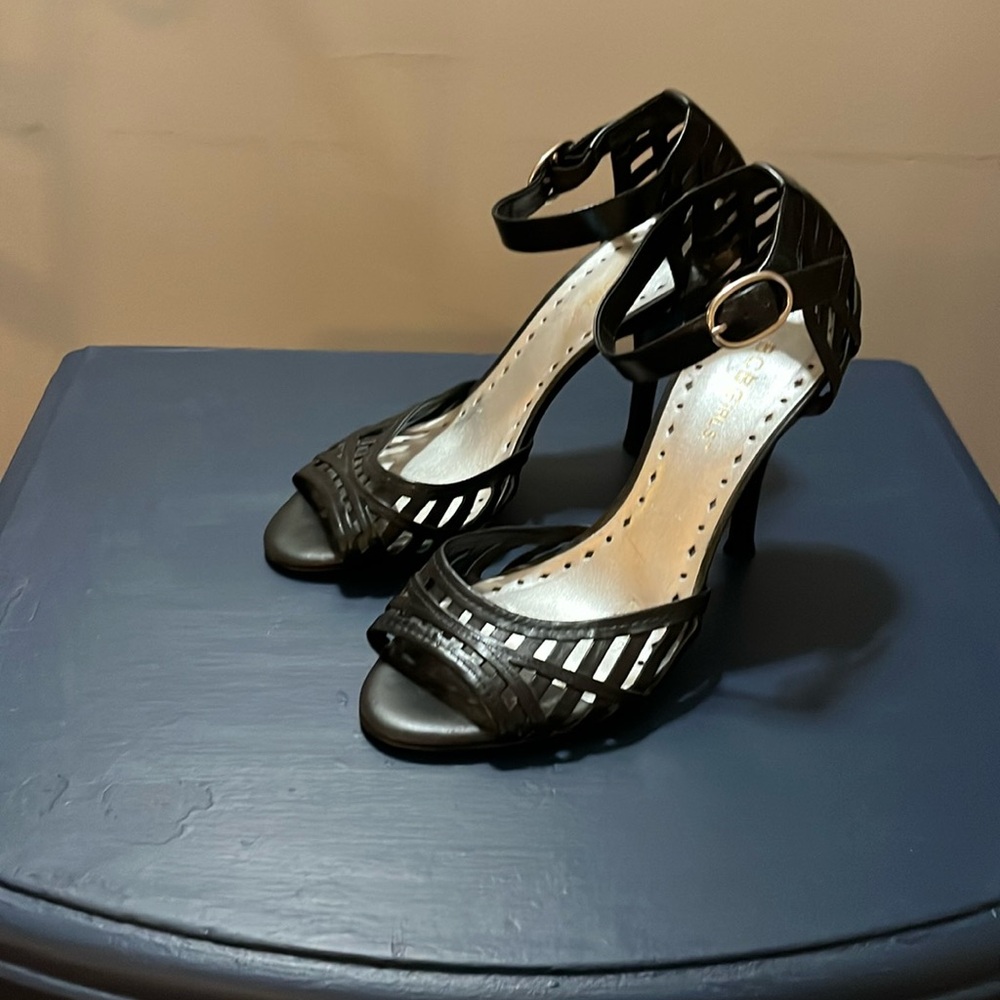 BCBG black ankle strap peep toe heels